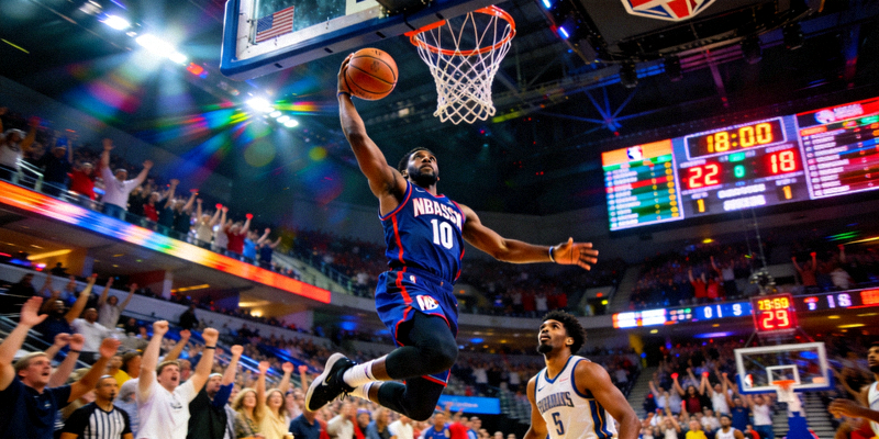 NBA篮球比赛现场精彩瞬间，运动员突破上篮得分